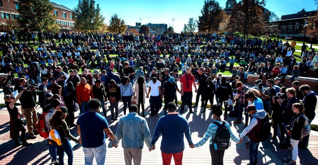 Protesters, students and media fill Traditions Plaza during a press conference following the Concerned Students 1950 protest on Monday, Nov. 9 2015, in Columbia, Mo. (Michael Cali/San Diego Union-Tribune/TNS)